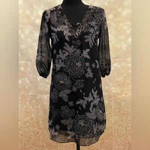 Iz Byer Black Floral Mini Dress with Silver-Gray Print